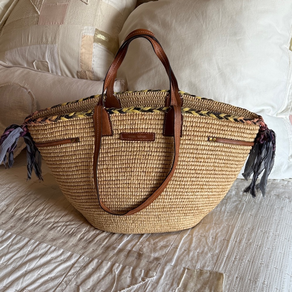 Isabel Marant Twisted Scarf Raffia Beach Tote Bag with Leather Handles - Natural